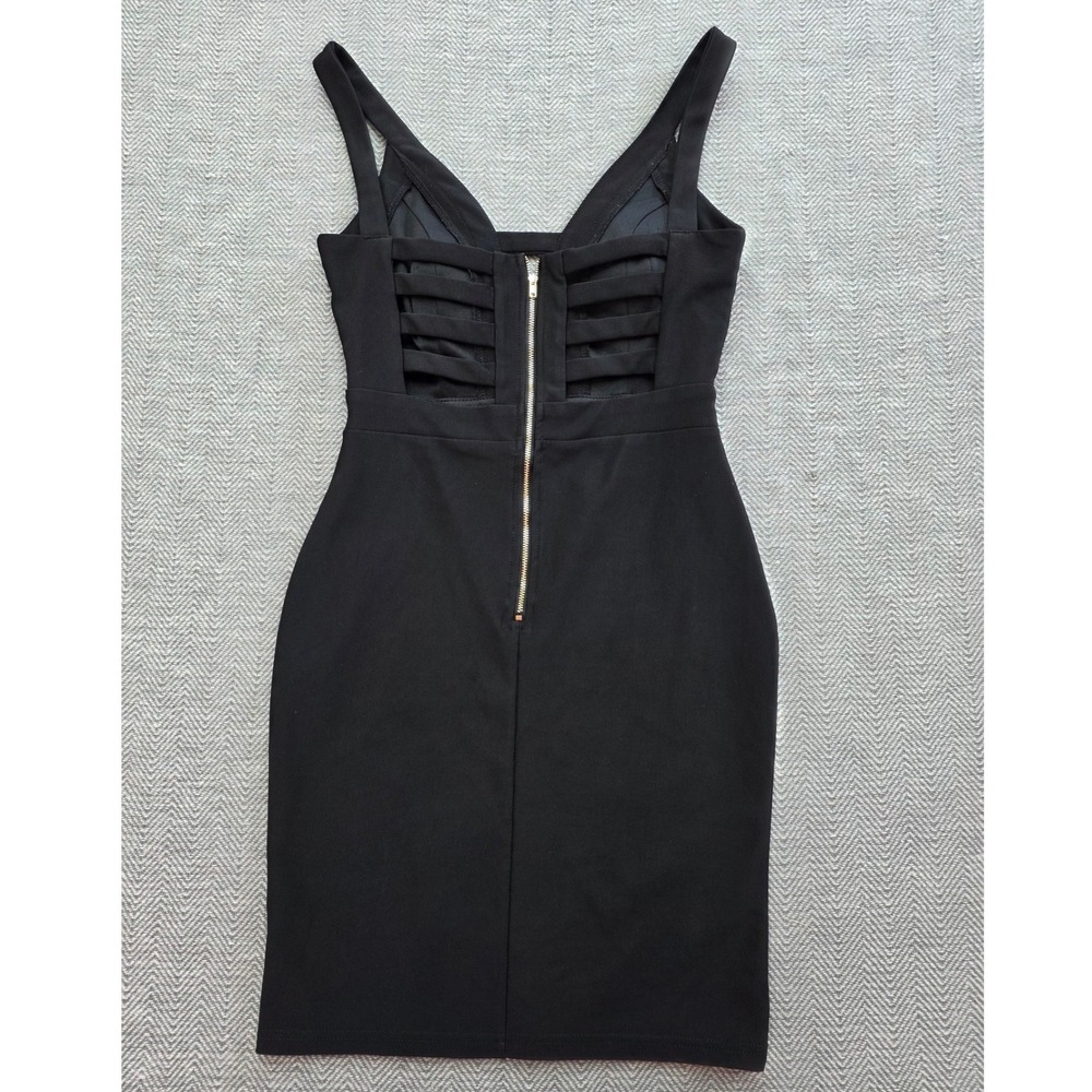 Black Caged Ladder Front Bodycon Mini Dress Strappy Back Gold Zipper Sleeveless - Picture 3 of 3